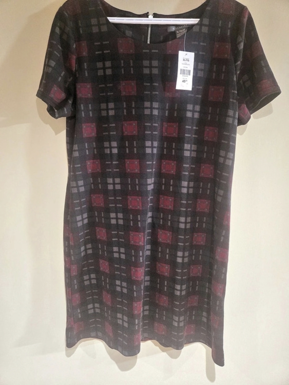 New Suzy Shier Dress XL Red Gray Plaid Short Sleeve Shift Bodycon Zipper NWT